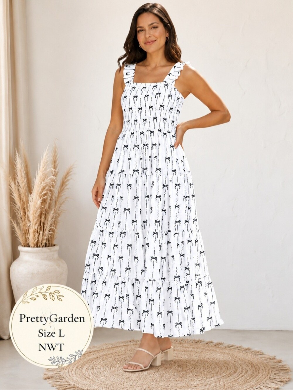 PrettyGarden NWT Bow Print Smocked Maxi Dress | Size Large
